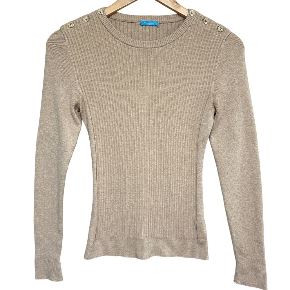 J.McLaughlin Ribbed Knit Long Sleeve Sweater Womens XS‎ Beige Fitted Preppy Chic